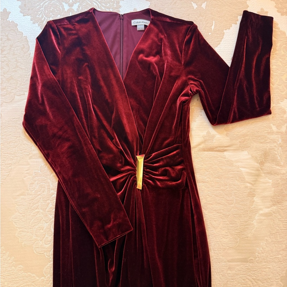 Calvin Klein Burgundy Velvet Long Sleeve Dress - Picture 7 of 8